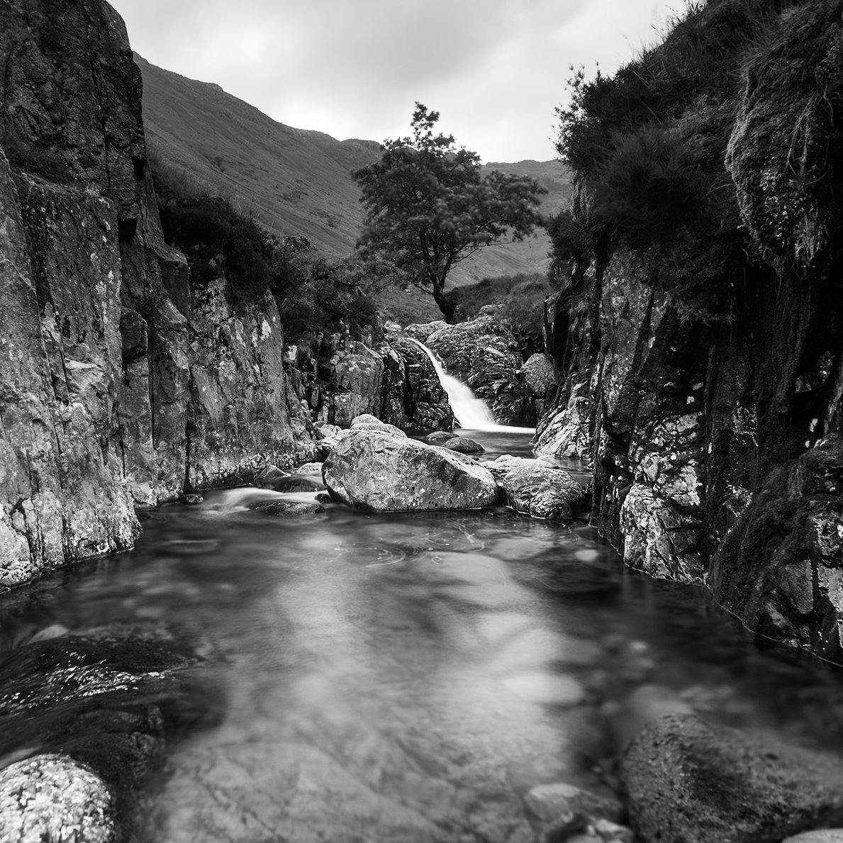 Black and white long exposure of the tree above the waterfall near Seathwaite in winter