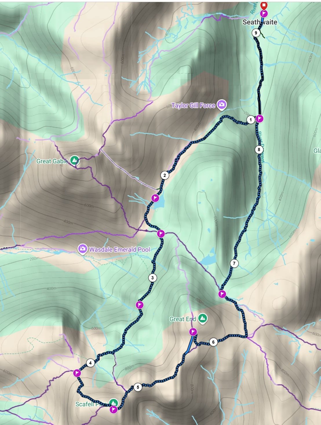 Scafell Pike from Seathwaite circular route map via Sty Head Tarn