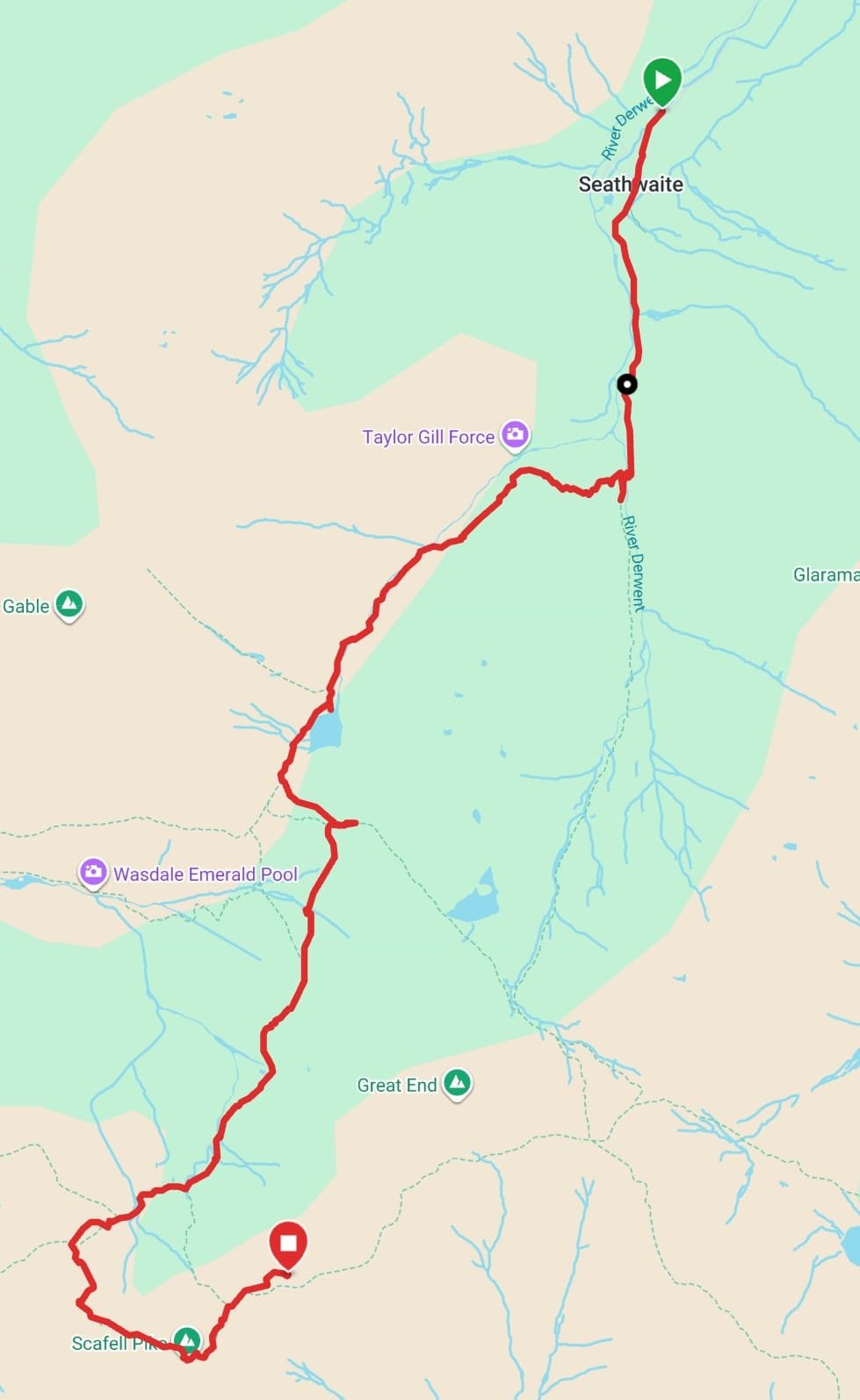 GPS track of the walk up Scafell Pike from Seathwaite via Sty Head Tarn