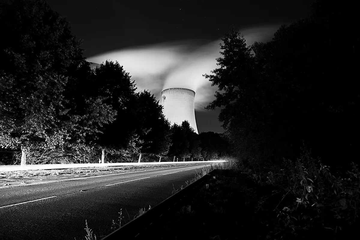 Light trails on the road beneath the Drax cooling towers at night