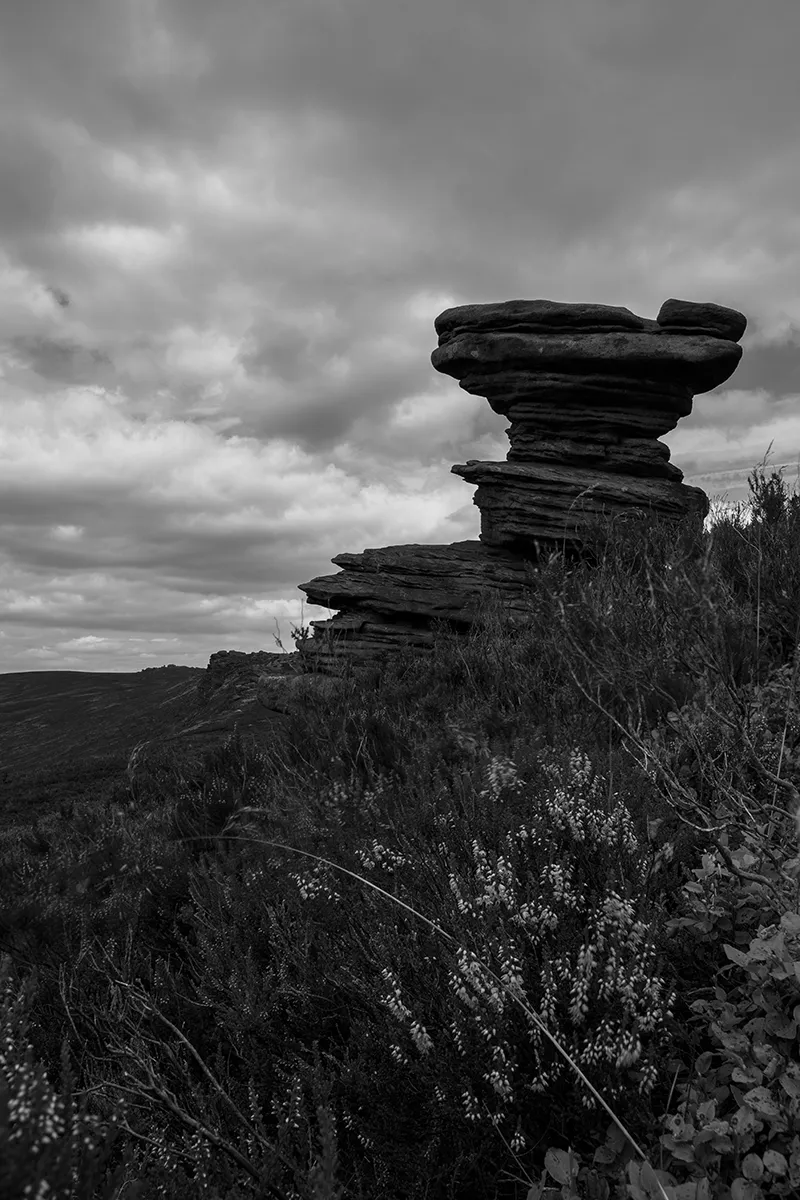 The Salt Cellar on Derwent Edge seen across the heather