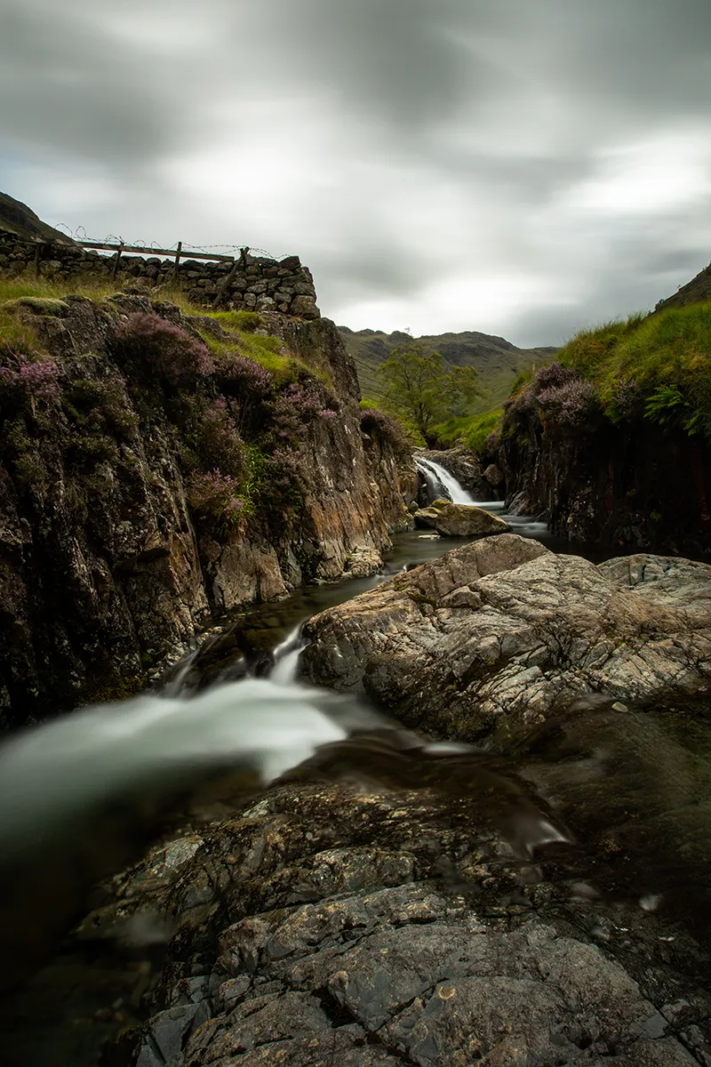 Waterfall and pool in the gorge on the way up to Sty Head