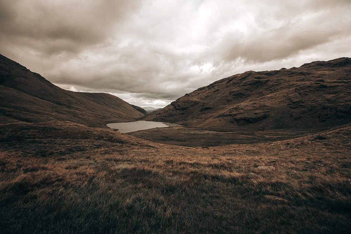 Moody view across the fells on the climb towards Scafell Pike