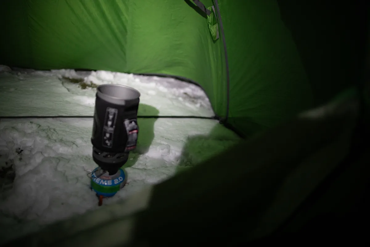 Jetboil stove inside the Vango Pulsar Pro 300 on a cold Helvellyn night